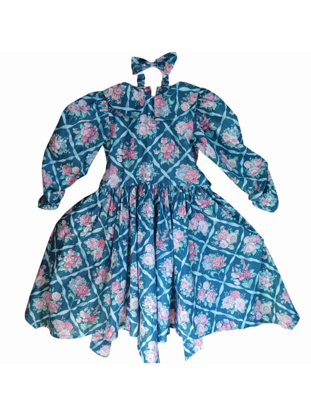 Cotton Collection Size 14 Dress Floral Teal Blue Hair Bow Long Sleeves Vintage